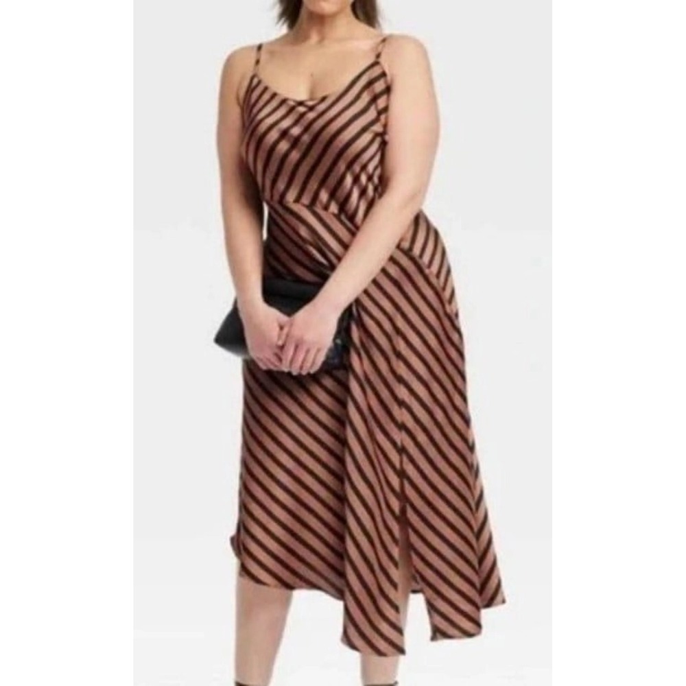 A New Day Women XL Brown Striped Satin Slip Midi Dress Adjustable Straps NWT